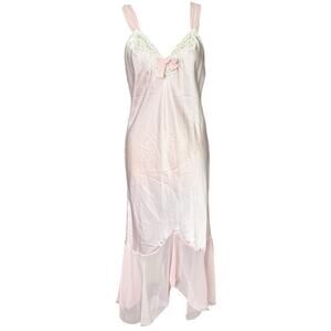 Vintage Lucie Ann Nightgown Pink Lace Trim Asymmetrical Sheer Hem Dress M